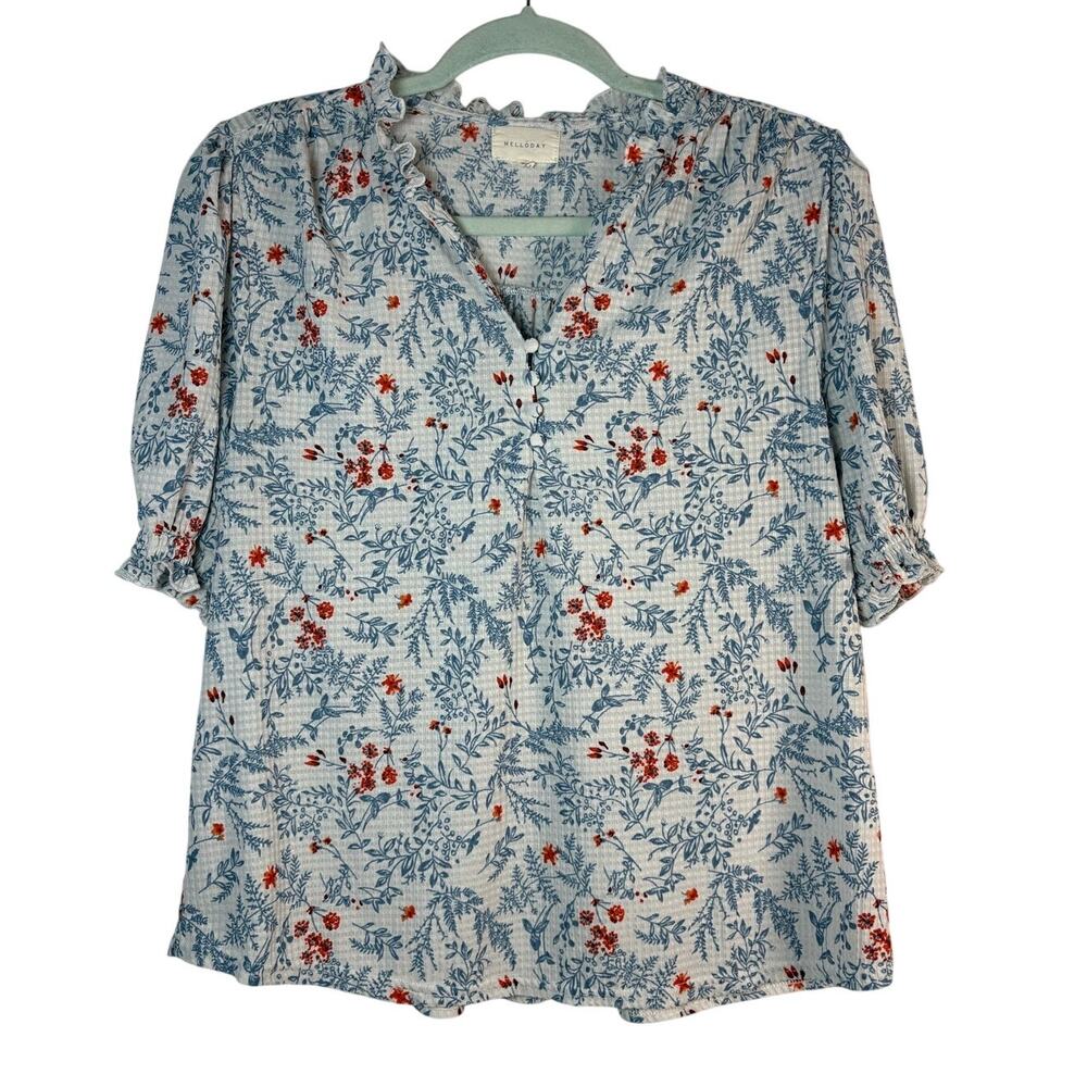 Melloday Floral Ruffle Neck Blouse Blue Ditsy Cottagecore Puff Sleeve Top Medium